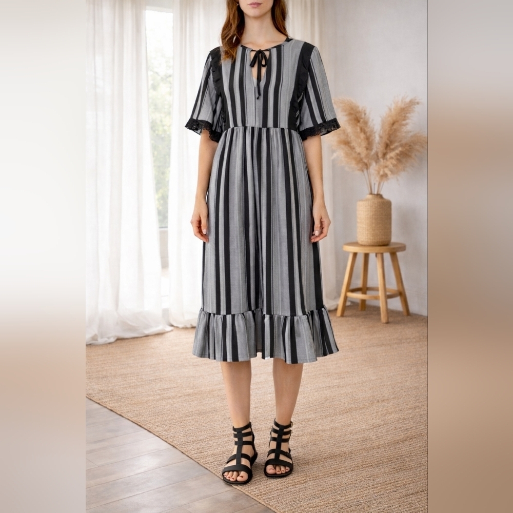 NEW Zara Striped Contrasting Ruffle Midi Dress Sz M